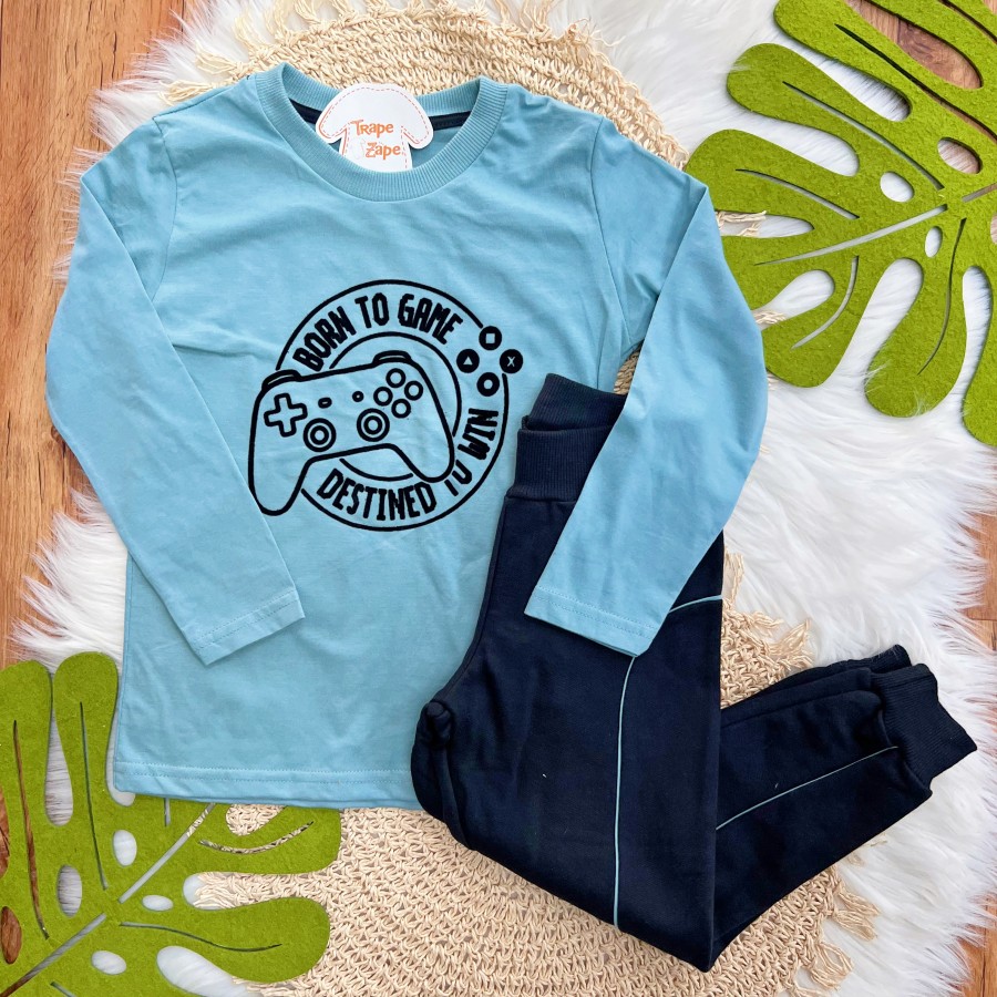 Conj. Blusa Manga Longa Born to Game e Calça de Moletom - Azul e Preto